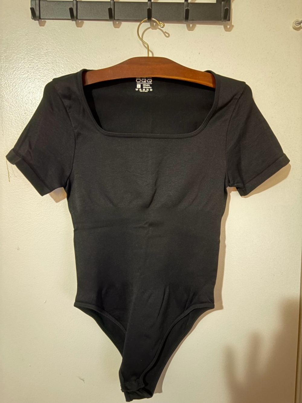 OQQ Black Square-Neck Short Sleeve Bodysuit - Women